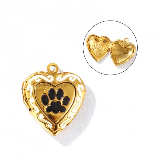 Picture of 1 Piece Eco-friendly PVD Vacuum Plating Waterproof Anti-Tarnish Hypoallergenic 304 Stainless Steel Pet Memorial Picture Photo Locket Frame Pendants 18K Real Gold Plated Black Enamel Heart Paw Print Can Open 23mm x 20mm