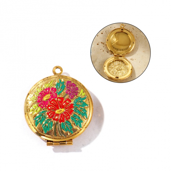 Picture of 1 Piece Eco-friendly PVD Vacuum Plating Waterproof Anti-Tarnish Hypoallergenic 304 Stainless Steel Mother's Day Picture Photo Locket Frame Pendants 18K Real Gold Plated Red Enamel Round Flower Can Open 3.2cm x 2.7cm