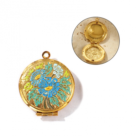 Picture of 1 Piece Eco-friendly PVD Vacuum Plating Waterproof Anti-Tarnish Hypoallergenic 304 Stainless Steel Mother's Day Picture Photo Locket Frame Pendants 18K Real Gold Plated Blue Enamel Round Flower Can Open 3.2cm x 2.7cm