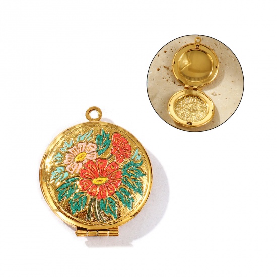 Picture of 1 Piece Eco-friendly PVD Vacuum Plating Waterproof Anti-Tarnish Hypoallergenic 304 Stainless Steel Mother's Day Picture Photo Locket Frame Pendants 18K Real Gold Plated Orange Enamel Round Flower Can Open 3.2cm x 2.7cm
