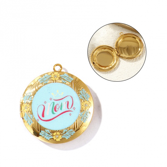 Picture of 1 Piece Eco-friendly PVD Vacuum Plating Waterproof Anti-Tarnish Hypoallergenic 304 Stainless Steel Mother's Day Picture Photo Locket Frame Pendants 18K Real Gold Plated Multicolor Enamel Round Message " Mom " Can Open 3.6cm x 3.2cm