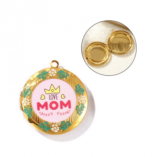 Picture of 1 Piece Eco-friendly PVD Vacuum Plating Waterproof Anti-Tarnish Hypoallergenic 304 Stainless Steel Mother's Day Picture Photo Locket Frame Pendants 18K Real Gold Plated Multicolor Enamel Round Message " love Mom " Can Open 3.6cm x 3.2cm