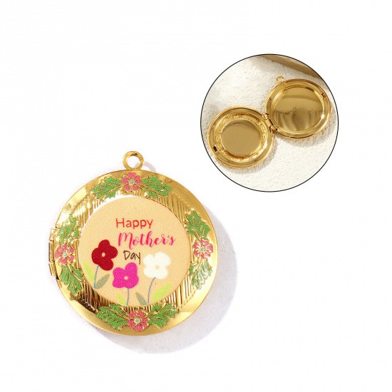 Picture of 1 Piece Eco-friendly PVD Vacuum Plating Waterproof Anti-Tarnish Hypoallergenic 304 Stainless Steel Mother's Day Picture Photo Locket Frame Pendants 18K Real Gold Plated Multicolor Enamel Round Message " Happy Mother's Day " Can Open 3.6cm x 3.2cm