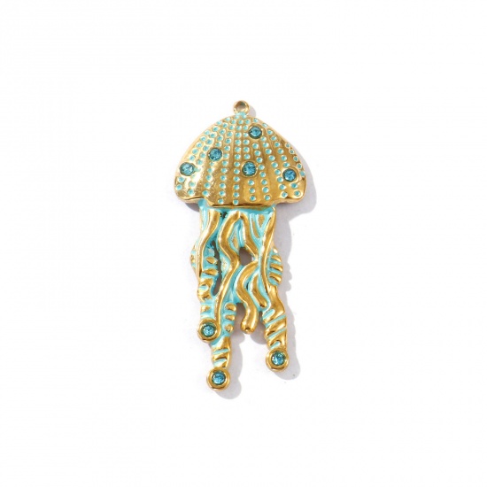Picture of 1 Piece Eco-friendly PVD Vacuum Plating Waterproof Anti-Tarnish Hypoallergenic 304 Stainless Steel Ocean Jewelry Pendants 18K Real Gold Plated Green Enamel Jellyfish Green Blue Rhinestone 5.2cm x 2.3cm