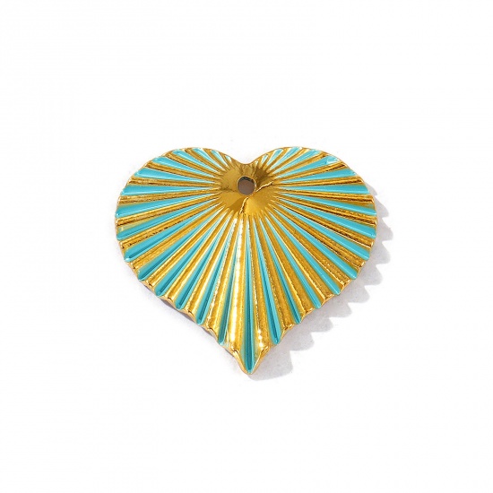 Picture of 1 Piece Eco-friendly PVD Vacuum Plating Waterproof Anti-Tarnish Hypoallergenic 304 Stainless Steel Valentine's Day Pendants 18K Real Gold Plated Green Enamel Heart 3.5cm x 3.1cm