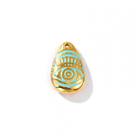 Picture of 1 Piece Eco-friendly PVD Vacuum Plating Waterproof Anti-Tarnish Hypoallergenic 304 Stainless Steel Charms 18K Real Gold Plated Green Enamel Drop Eye 20mm x 13mm