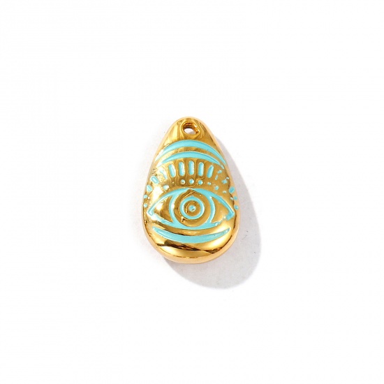 Picture of 1 Piece Eco-friendly PVD Vacuum Plating Waterproof Anti-Tarnish Hypoallergenic 304 Stainless Steel Charms 18K Real Gold Plated Green Enamel Drop Eye 20mm x 13mm