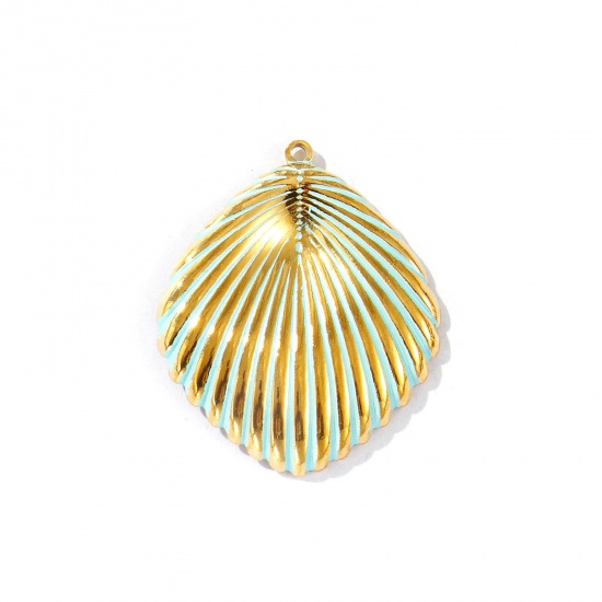 Picture of 1 Piece Eco-friendly PVD Vacuum Plating Waterproof Anti-Tarnish Hypoallergenic 304 Stainless Steel Pendants 18K Real Gold Plated Green Enamel Shell 3.8cm x 3.2cm