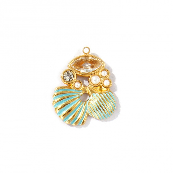 Picture of 1 Piece Eco-friendly PVD Vacuum Plating Waterproof Anti-Tarnish Hypoallergenic 304 Stainless Steel Charms 18K Real Gold Plated Green Enamel Shell Acrylic Imitation Pearl Clear Rhinestone 25mm x 20mm