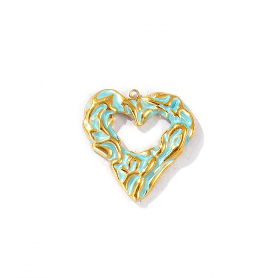 Picture of 1 Piece Eco-friendly PVD Vacuum Plating Waterproof Anti-Tarnish Hypoallergenic 304 Stainless Steel Valentine's Day Charms 18K Real Gold Plated Green Enamel Heart Hollow 27mm x 26.5mm