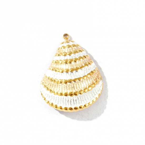 Picture of 2 PCs Eco-friendly PVD Vacuum Plating Waterproof Anti-Tarnish Hypoallergenic 304 Stainless Steel Pendants 18K Real Gold Plated White Enamel Shell 3cm x 2.3cm