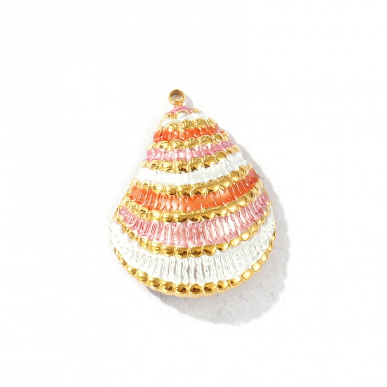 Picture of 2 PCs Eco-friendly PVD Vacuum Plating Waterproof Anti-Tarnish Hypoallergenic 304 Stainless Steel Pendants 18K Real Gold Plated Multicolor Enamel Shell 3cm x 2.3cm