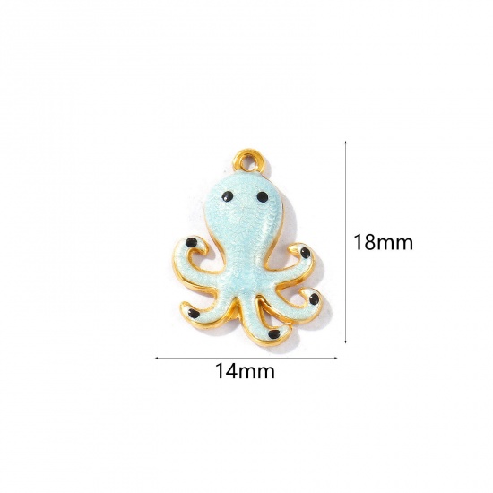 Picture of 5 PCs Eco-friendly PVD Vacuum Plating Waterproof Anti-Tarnish Hypoallergenic 304 Stainless Steel Ocean Jewelry Charms 18K Real Gold Plated Light Blue Enamel Octopus Pearlized 18mm x 14mm