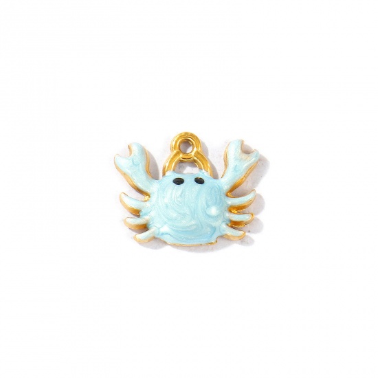 Picture of 5 PCs Eco-friendly PVD Vacuum Plating Waterproof Anti-Tarnish Hypoallergenic 304 Stainless Steel Ocean Jewelry Charms 18K Real Gold Plated Light Blue Enamel Crab Animal Pearlized 14mm x 11mm