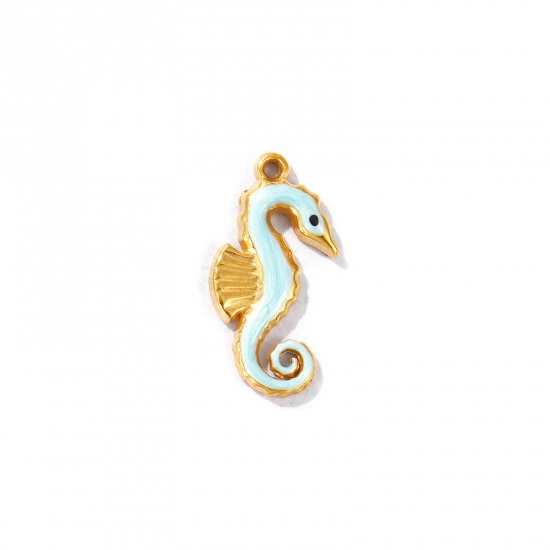 Picture of 5 PCs Eco-friendly PVD Vacuum Plating Waterproof Anti-Tarnish Hypoallergenic 304 Stainless Steel Ocean Jewelry Charms 18K Real Gold Plated Light Blue Enamel Seahorse Animal Pearlized 20mm x 10mm