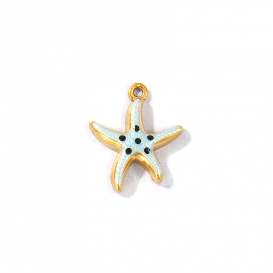 Picture of 5 PCs Eco-friendly PVD Vacuum Plating Waterproof Anti-Tarnish Hypoallergenic 304 Stainless Steel Ocean Jewelry Charms 18K Real Gold Plated Light Blue Enamel Starfish Pearlized 16mm x 14mm