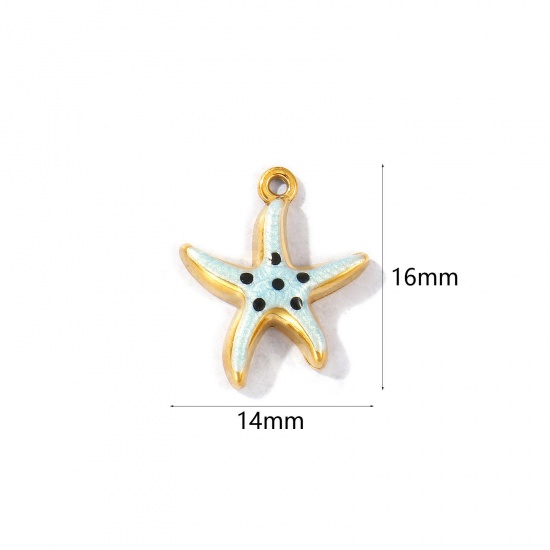 Picture of 5 PCs Eco-friendly PVD Vacuum Plating Waterproof Anti-Tarnish Hypoallergenic 304 Stainless Steel Ocean Jewelry Charms 18K Real Gold Plated Light Blue Enamel Starfish Pearlized 16mm x 14mm