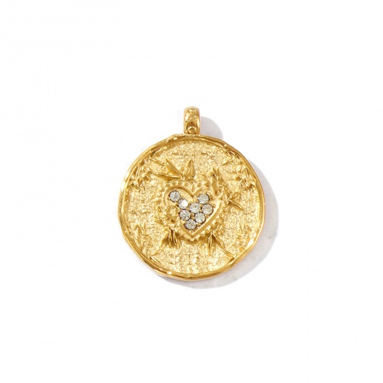Picture of 1 Piece Eco-friendly PVD Vacuum Plating Waterproof Anti-Tarnish Hypoallergenic 304 Stainless Steel Valentine's Day Charms 18K Real Gold Plated Round Disc Heart Micro Pave Clear Rhinestone 22mm x 18mm