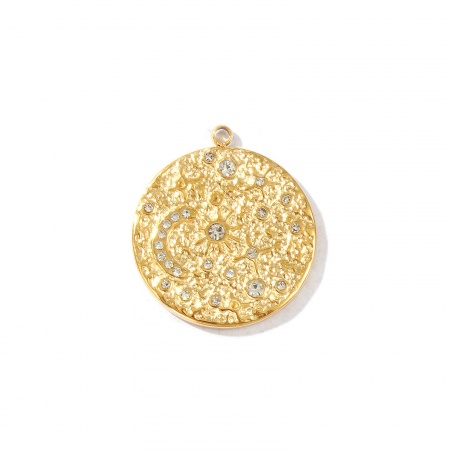 Imagen de 1 Unidad Recubrimiento al Vacío PVD Ecológico Impermeable Antioxidante Hipoalergénico 304 Acero Inoxidable Galaxia Colgantes 18K Oro Real Chapado Ronda Disco Luna Micro Pave Transparente Rhinestone 22.5mm x 20mm