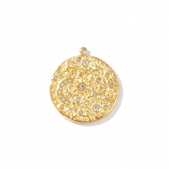 Picture of 1 Piece Eco-friendly PVD Vacuum Plating Waterproof Anti-Tarnish Hypoallergenic 304 Stainless Steel Galaxy Charms 18K Real Gold Plated Round Disc Moon Micro Pave Clear Rhinestone 22.5mm x 20mm