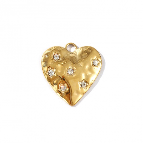 Picture of 1 Piece Eco-friendly PVD Vacuum Plating Waterproof Anti-Tarnish Hypoallergenic 304 Stainless Steel Galaxy Charms 18K Real Gold Plated Heart Star Micro Pave Clear Rhinestone 26mm x 25mm