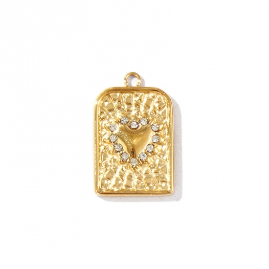 Picture of 1 Piece Eco-friendly PVD Vacuum Plating Waterproof Anti-Tarnish Hypoallergenic 304 Stainless Steel Religious Charms 18K Real Gold Plated Rectangle Ex Voto Heart Micro Pave Clear Rhinestone 21mm x 13.5mm