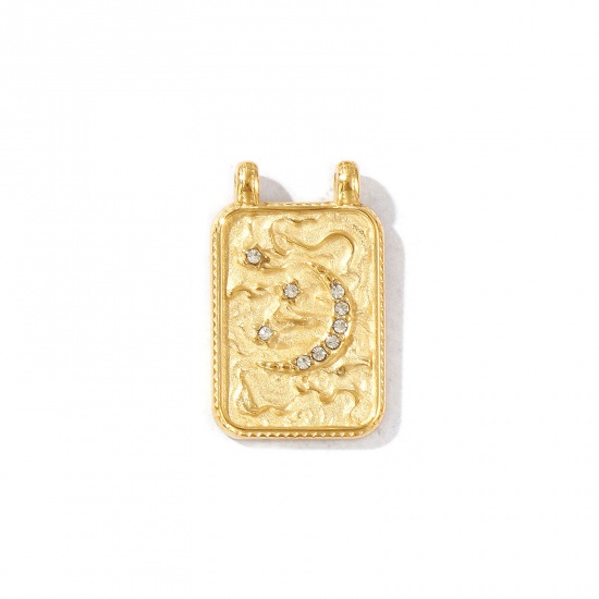 Picture of 1 Piece Eco-friendly PVD Vacuum Plating Waterproof Anti-Tarnish Hypoallergenic 304 Stainless Steel Galaxy Charms 18K Real Gold Plated Rectangle Moon Micro Pave Clear Rhinestone 24mm x 15mm