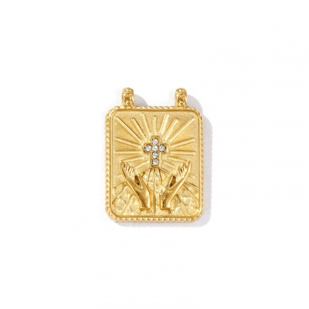 Bild von 1 Stück Umweltfreundliche PVD-Vakuumbeschichtung, wasserdicht, anlaufgeschützt und hypoallergen 304 Edelstahl Religiös Charms 18K Echtgold plattiert Rechteck Kreuz Micro Pave Transparent Strass 25mm x 18.5mm