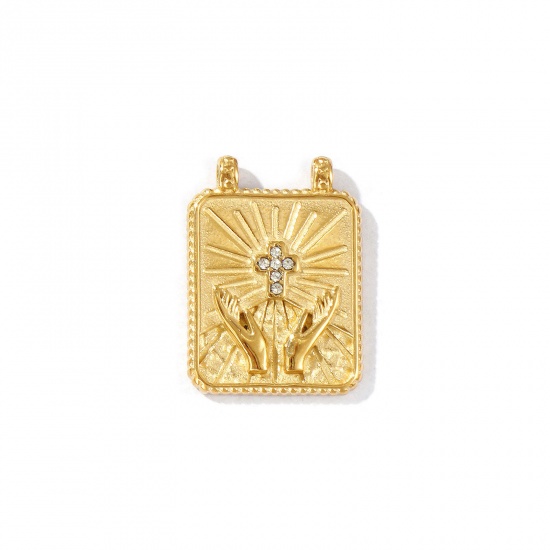 Picture of 1 Piece Eco-friendly PVD Vacuum Plating Waterproof Anti-Tarnish Hypoallergenic 304 Stainless Steel Religious Charms 18K Real Gold Plated Rectangle Cross Micro Pave Clear Rhinestone 25mm x 18.5mm