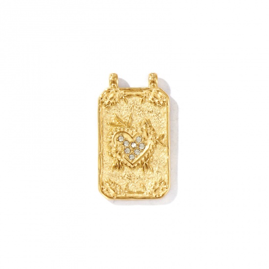 Picture of 1 Piece Eco-friendly PVD Vacuum Plating Waterproof Anti-Tarnish Hypoallergenic 304 Stainless Steel Valentine's Day Charms 18K Real Gold Plated Octagon Heart Micro Pave Clear Rhinestone 29mm x 16.5mm