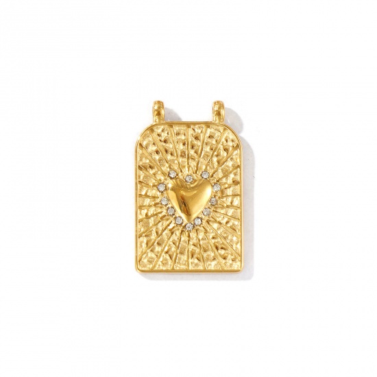 Picture of 1 Piece Eco-friendly PVD Vacuum Plating Waterproof Anti-Tarnish Hypoallergenic 304 Stainless Steel Religious Charms 18K Real Gold Plated Rectangle Ex Voto Heart Micro Pave Clear Rhinestone 29mm x 18mm