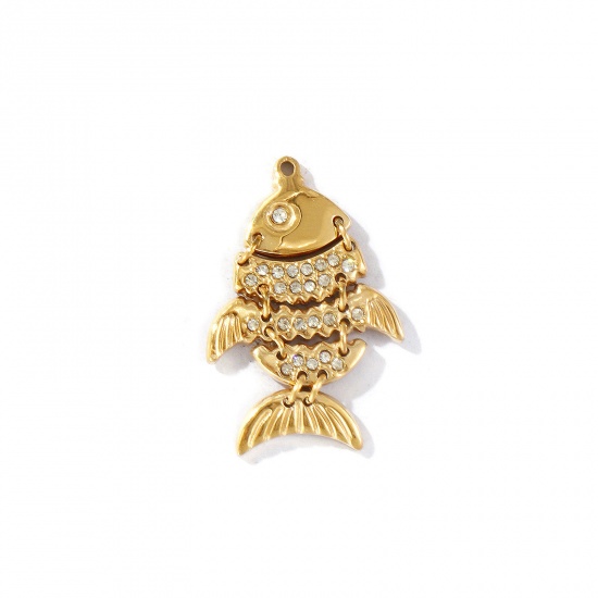 Picture of 1 Piece Eco-friendly PVD Vacuum Plating Waterproof Anti-Tarnish Hypoallergenic 304 Stainless Steel Ocean Jewelry Charms 18K Real Gold Plated Fish Animal Movable Clear Rhinestone 29mm x 19mm