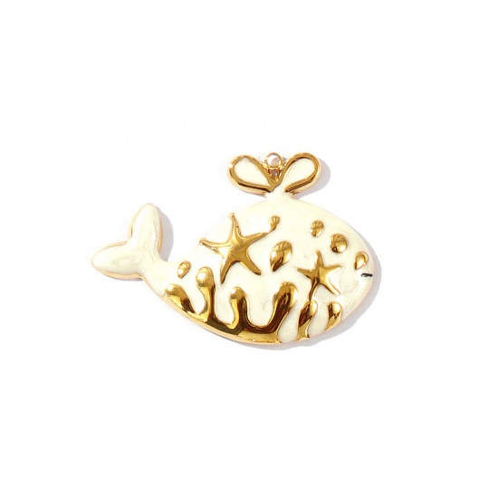 Picture of 1 Piece Eco-friendly PVD Vacuum Plating Waterproof Anti-Tarnish Hypoallergenic 304 Stainless Steel Ocean Jewelry Pendants 18K Real Gold Plated White Enamel Whale Animal Pearlized 4.5cm x 3.1cm