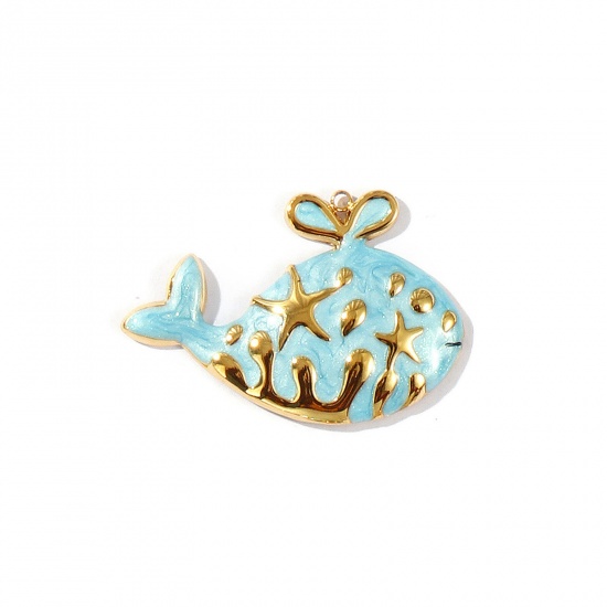 Picture of 1 Piece Eco-friendly PVD Vacuum Plating Waterproof Anti-Tarnish Hypoallergenic 304 Stainless Steel Ocean Jewelry Pendants 18K Real Gold Plated Blue Enamel Whale Animal Pearlized 4.5cm x 3.1cm