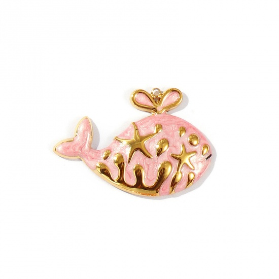 Picture of 1 Piece Eco-friendly PVD Vacuum Plating Waterproof Anti-Tarnish Hypoallergenic 304 Stainless Steel Ocean Jewelry Pendants 18K Real Gold Plated Pink Enamel Whale Animal Pearlized 4.5cm x 3.1cm