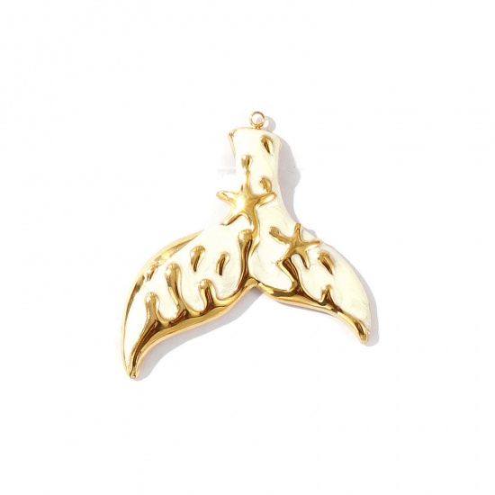 Picture of 1 Piece Eco-friendly PVD Vacuum Plating Waterproof Anti-Tarnish Hypoallergenic 304 Stainless Steel Ocean Jewelry Pendants 18K Real Gold Plated White Enamel Fishtail Pearlized 4.8cm x 4.4cm