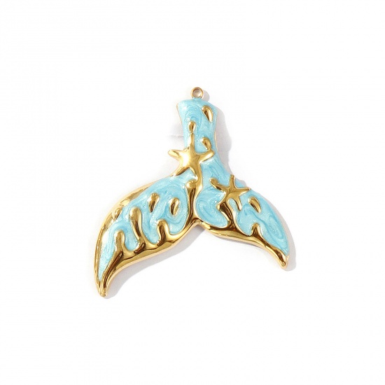 Picture of 1 Piece Eco-friendly PVD Vacuum Plating Waterproof Anti-Tarnish Hypoallergenic 304 Stainless Steel Ocean Jewelry Pendants 18K Real Gold Plated Blue Enamel Fishtail Pearlized 4.8cm x 4.4cm