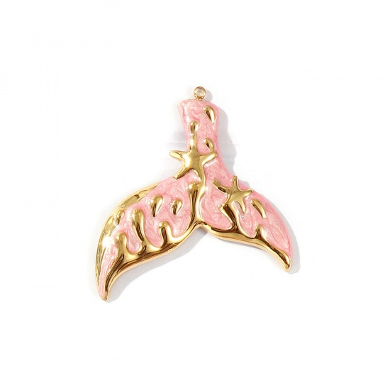 Picture of 1 Piece Eco-friendly PVD Vacuum Plating Waterproof Anti-Tarnish Hypoallergenic 304 Stainless Steel Ocean Jewelry Pendants 18K Real Gold Plated Pink Enamel Fishtail Pearlized 4.8cm x 4.4cm
