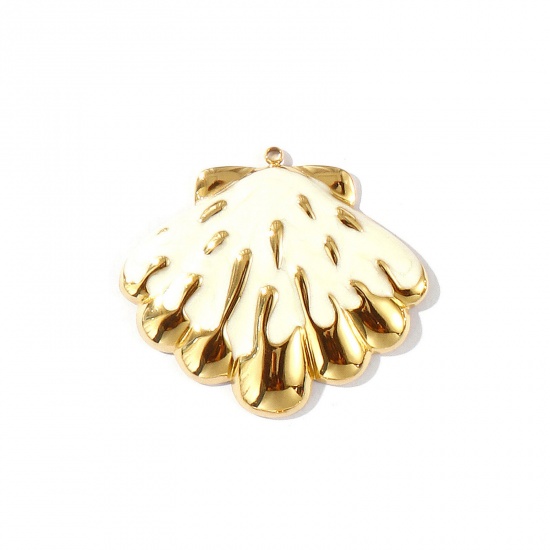 Picture of 1 Piece Eco-friendly PVD Vacuum Plating Waterproof Anti-Tarnish Hypoallergenic 304 Stainless Steel Ocean Jewelry Pendants 18K Real Gold Plated White Enamel Shell Pearlized 4.5cm x 3.9cm