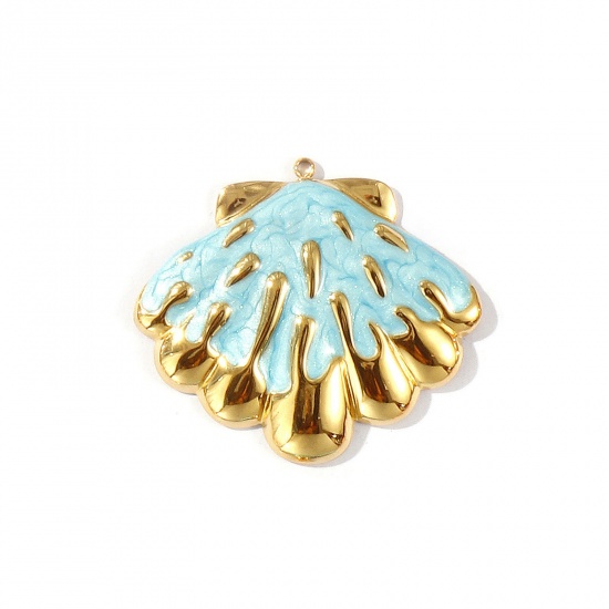 Picture of 1 Piece Eco-friendly PVD Vacuum Plating Waterproof Anti-Tarnish Hypoallergenic 304 Stainless Steel Ocean Jewelry Pendants 18K Real Gold Plated Blue Enamel Shell Pearlized 4.5cm x 3.9cm
