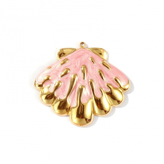 Picture of 1 Piece Eco-friendly PVD Vacuum Plating Waterproof Anti-Tarnish Hypoallergenic 304 Stainless Steel Ocean Jewelry Pendants 18K Real Gold Plated Pink Enamel Shell Pearlized 4.5cm x 3.9cm