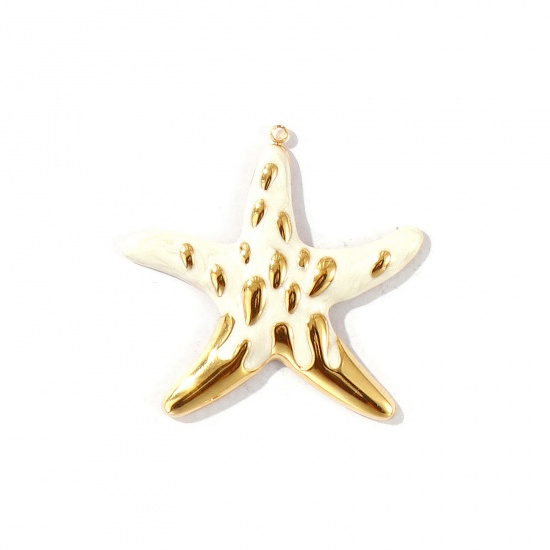 Picture of 1 Piece Eco-friendly PVD Vacuum Plating Waterproof Anti-Tarnish Hypoallergenic 304 Stainless Steel Ocean Jewelry Pendants 18K Real Gold Plated White Enamel Starfish Pearlized 4.6cm x 4.4cm