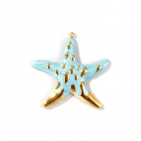 Picture of 1 Piece Eco-friendly PVD Vacuum Plating Waterproof Anti-Tarnish Hypoallergenic 304 Stainless Steel Ocean Jewelry Pendants 18K Real Gold Plated Blue Enamel Starfish Pearlized 4.6cm x 4.4cm