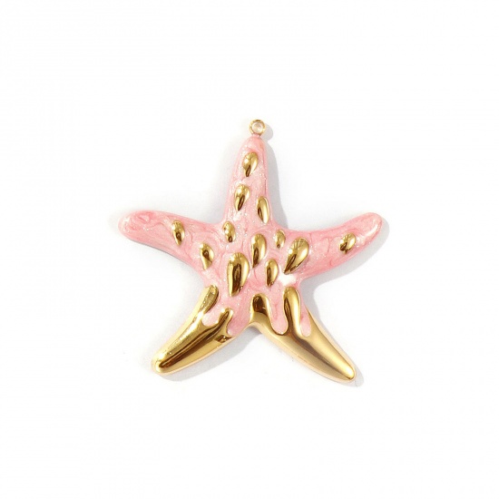 Picture of 1 Piece Eco-friendly PVD Vacuum Plating Waterproof Anti-Tarnish Hypoallergenic 304 Stainless Steel Ocean Jewelry Pendants 18K Real Gold Plated Pink Enamel Starfish Pearlized 4.6cm x 4.4cm