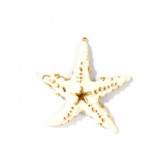 Picture of 1 Piece Eco-friendly PVD Vacuum Plating Waterproof Anti-Tarnish Hypoallergenic 304 Stainless Steel Ocean Jewelry Pendants 18K Real Gold Plated White Enamel Starfish Pearlized 5.6cm x 5.5cm