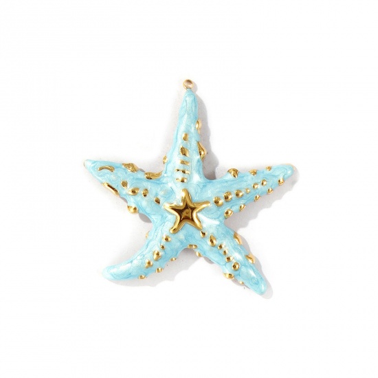 Picture of 1 Piece Eco-friendly PVD Vacuum Plating Waterproof Anti-Tarnish Hypoallergenic 304 Stainless Steel Ocean Jewelry Pendants 18K Real Gold Plated Blue Enamel Starfish Pearlized 5.6cm x 5.5cm