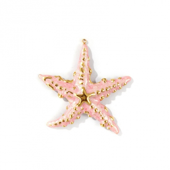 Picture of 1 Piece Eco-friendly PVD Vacuum Plating Waterproof Anti-Tarnish Hypoallergenic 304 Stainless Steel Ocean Jewelry Pendants 18K Real Gold Plated Pink Enamel Starfish Pearlized 5.6cm x 5.5cm