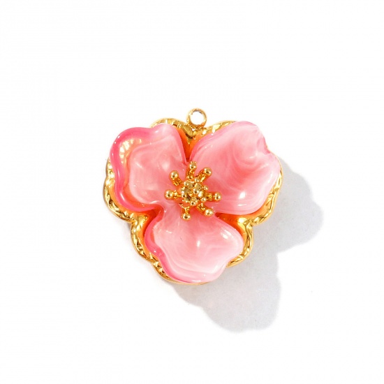 Picture of 2 PCs Eco-friendly PVD Vacuum Plating Waterproof Anti-Tarnish Hypoallergenic 304 Stainless Steel & Acrylic Charms 18K Real Gold Plated Pink Flower 25mm x 25mm