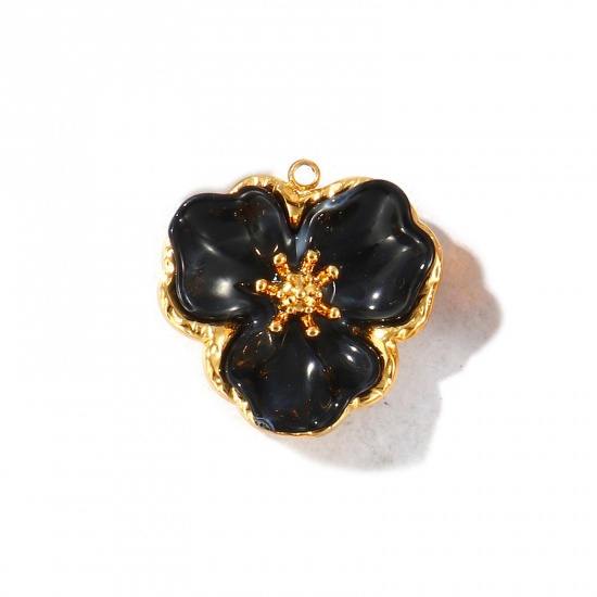 Picture of 2 PCs Eco-friendly PVD Vacuum Plating Waterproof Anti-Tarnish Hypoallergenic 304 Stainless Steel & Acrylic Charms 18K Real Gold Plated Black Flower 25mm x 25mm