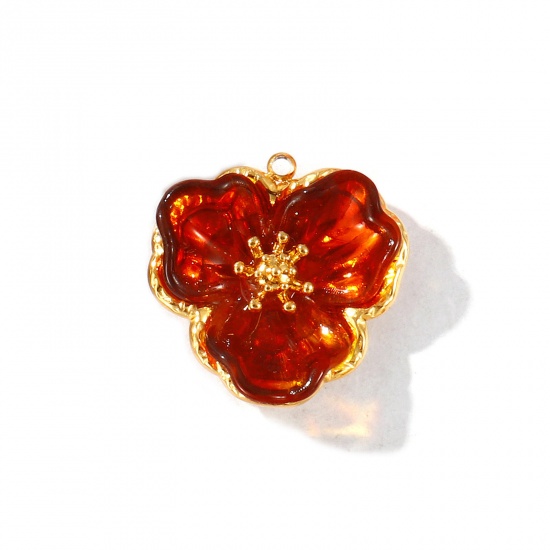 Picture of 2 PCs Eco-friendly PVD Vacuum Plating Waterproof Anti-Tarnish Hypoallergenic 304 Stainless Steel & Acrylic Charms 18K Real Gold Plated Brown Flower 25mm x 25mm